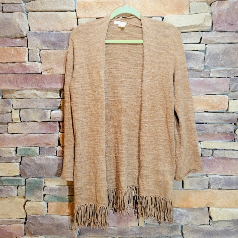 Minnie Rose Tan Brown Fringe Open Front Linen Cardigan Medium